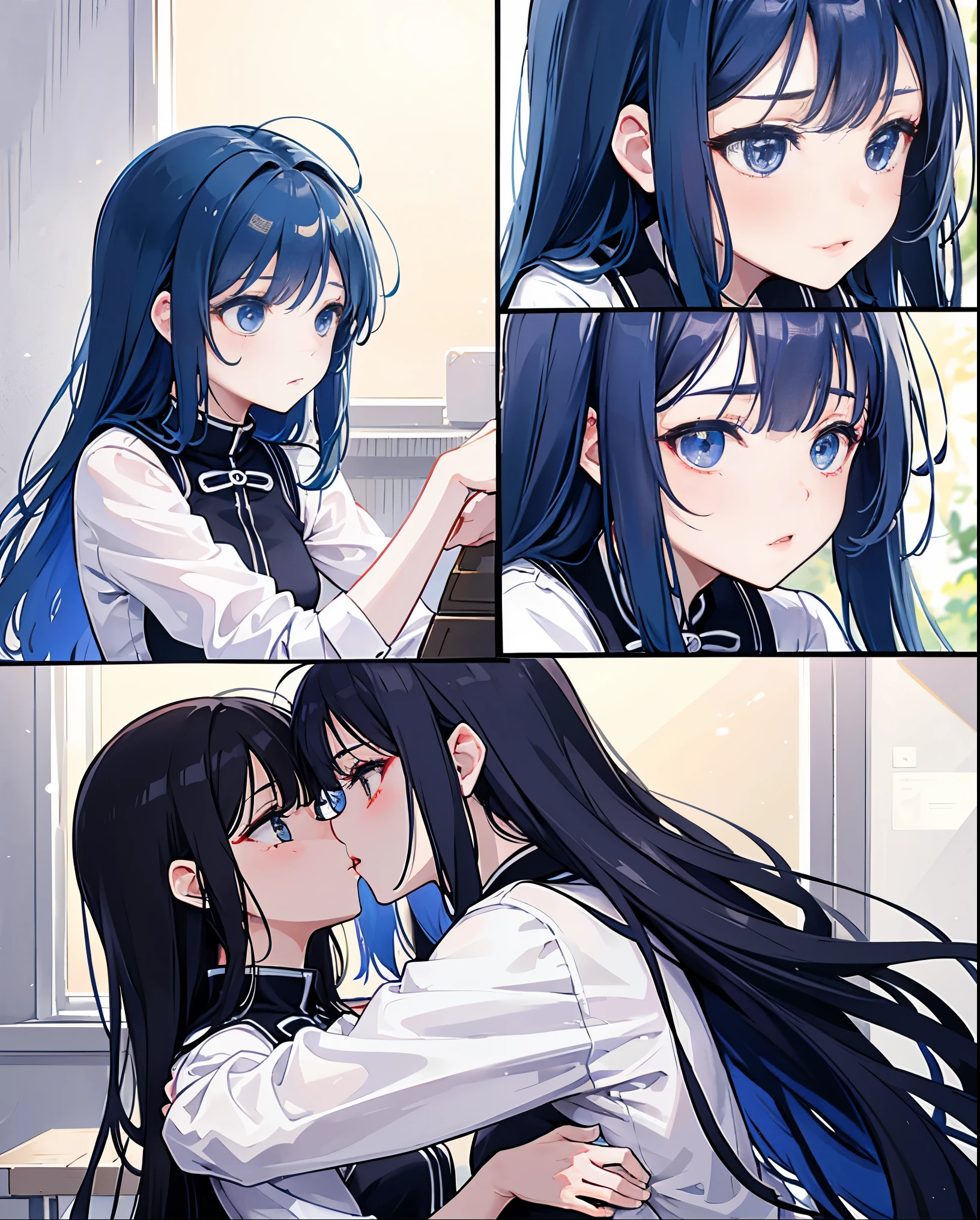 Two girls,Affectionate hugs,Confronting each other,Interactive kisses,Eyes meet。