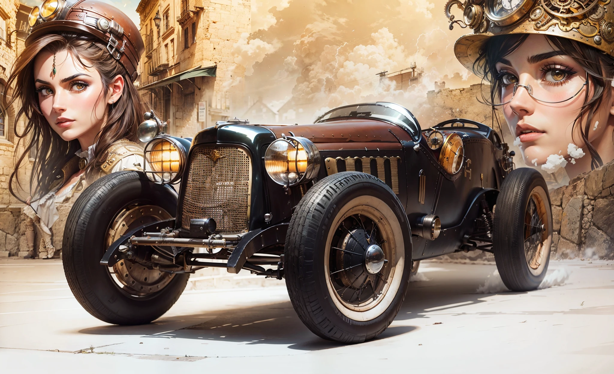 Vintage steampunk racing car parked in the foreground with two beautiful female racers with racing helmet and goggles and steampunk racing clothes, in the background vintage racing car in front of steampunk buildings