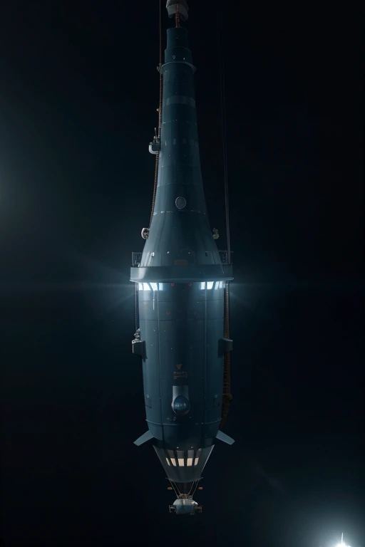 Single vertical metallic bathyscaphe long vertical submarine Deepsea Challenger 3D floating by gray tissue hot air balloon, blurred dark blue environment, dark depth, low light, dense dark blue atmosphere