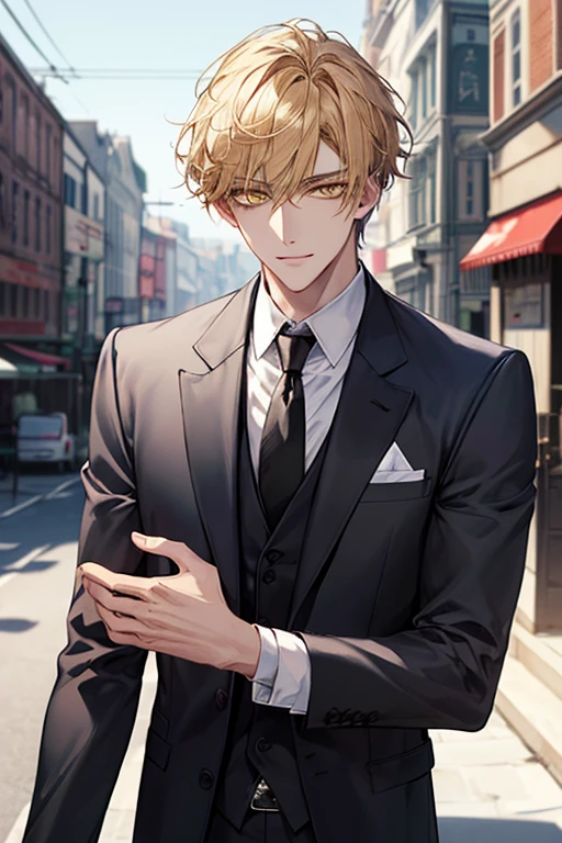 ((masterpiece:1.2、top-quality))、1male people、short straight dark yellow hair、Yellow eyes(a handsome:1.4)、(long yellow eyelashes)、Fantastic Light and Shadow、landscapes、extra detailed face、Depiction in motion、Tホテルのmasterpiece,best qualtiy,1 male,As-、Dark yellow hair straight and short,White shirt, Gray jacket、 Black tie、Gray suit、a handsomeなアニメのポーズ, a handsomeな見事なリアルな,Eyes are yellow、a smile