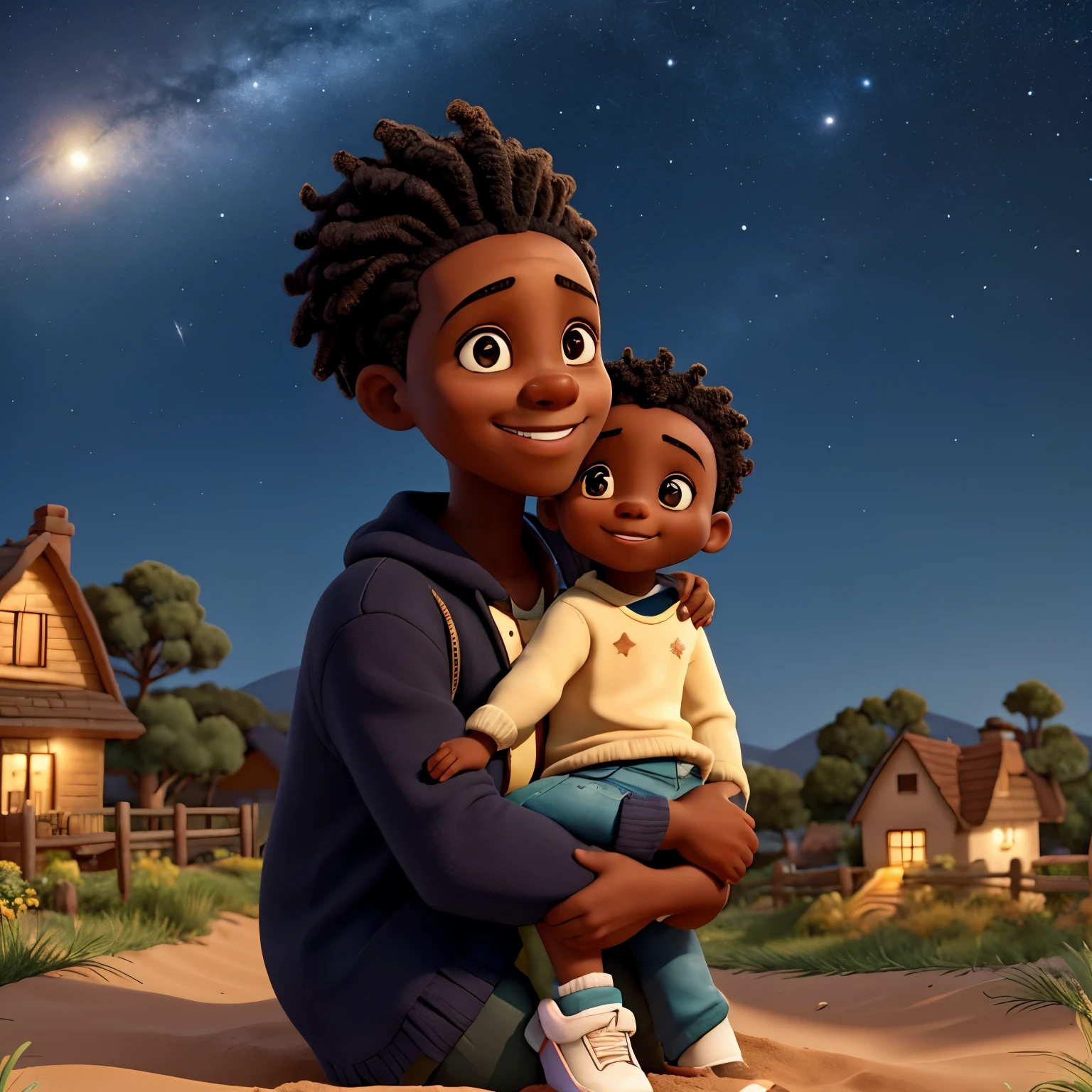 Black  on the lap of a black mother, black man father hugging his wife and looking happily at his baby, scenery of colorful hill-shaped houses in the background, in sky, a happy star shining and lit up the sky, sand on the ground