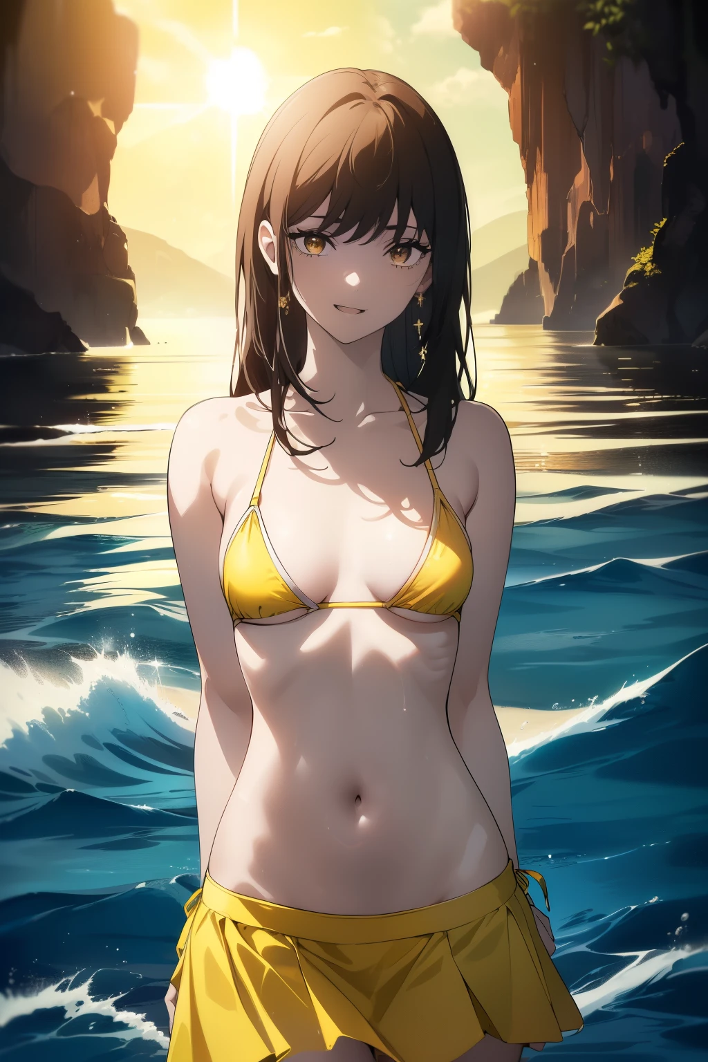((((Obra maestra, La mejor calidad, ultrahigh resolution)))), 1girl, standing, ((wearing a yellow bikini, yellow bikini skirt)), (long black hair in view, long hair:0.9, in frame), pale skin, ((brown eyes)), (ultra detailed eyes:0.7, beautiful and detailed face, detailed eyes:0.9), ((centered)), smile, ((wide shot)), facing viewer, (((vibrant background of outside, waves, bright lighting, summer, sunlight))), flat chested, looking at viewer, ((perfect hands)), ((head:1.2, hips, elbows, arms, in view)), ((hands behind back)), beautiful lighting, defined subject, (18 years old), ((cool looking)), ((sun glare)), (((open mouth, smile)))