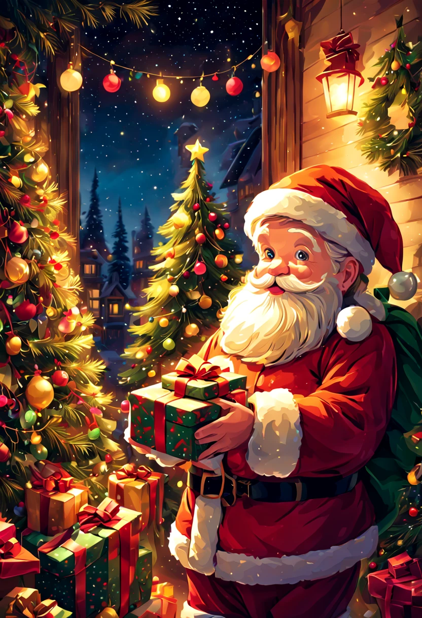 Holding Christmas gifts in hands(cute illustration)santa，christmas night，Illustration style，retro tone，Christmas tree，Lots and lots of gifts warm color palette, The atmosphere is warm，blissful (Extremely realistic CG unified 8k Christmas Eve),(best illuminate, The best shadow, Extremely Delicately Beautiful)