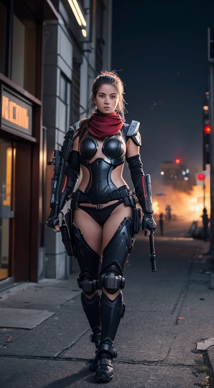 (Female Ninja Cruel Mech: 1.3, Full Body Covered Mech, Heavy AWP on Back, DSLR, Light Tracing, 3D, Concept Art, Action Painting, Film Lighting, Chiaroscuro) :(1.3). Highlighting the curve of the chest, the long white ponytail hair looks graceful and attractive. Masterpiece-like 8K resolution, (Murderous Death and Fear): 0.5, long red scarf fluttering in the wind, war-torn city as a backdrop.