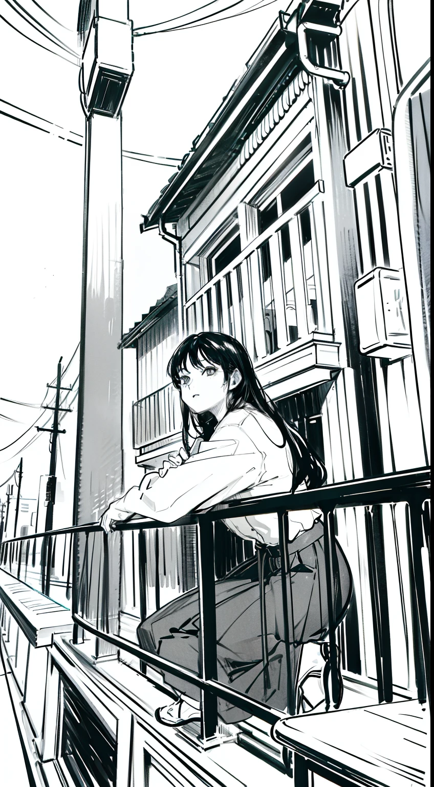 person leaning on railing,black and white manga style,line art