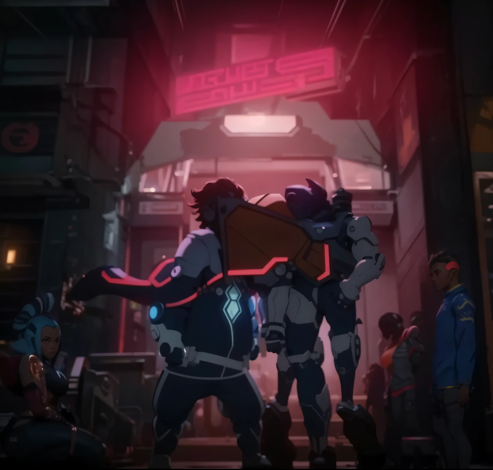a group of people standing in front of a building, a screenshot by theCHAMBA, cgsociety, afrofuturism, official art, anime aesthetic, toonami