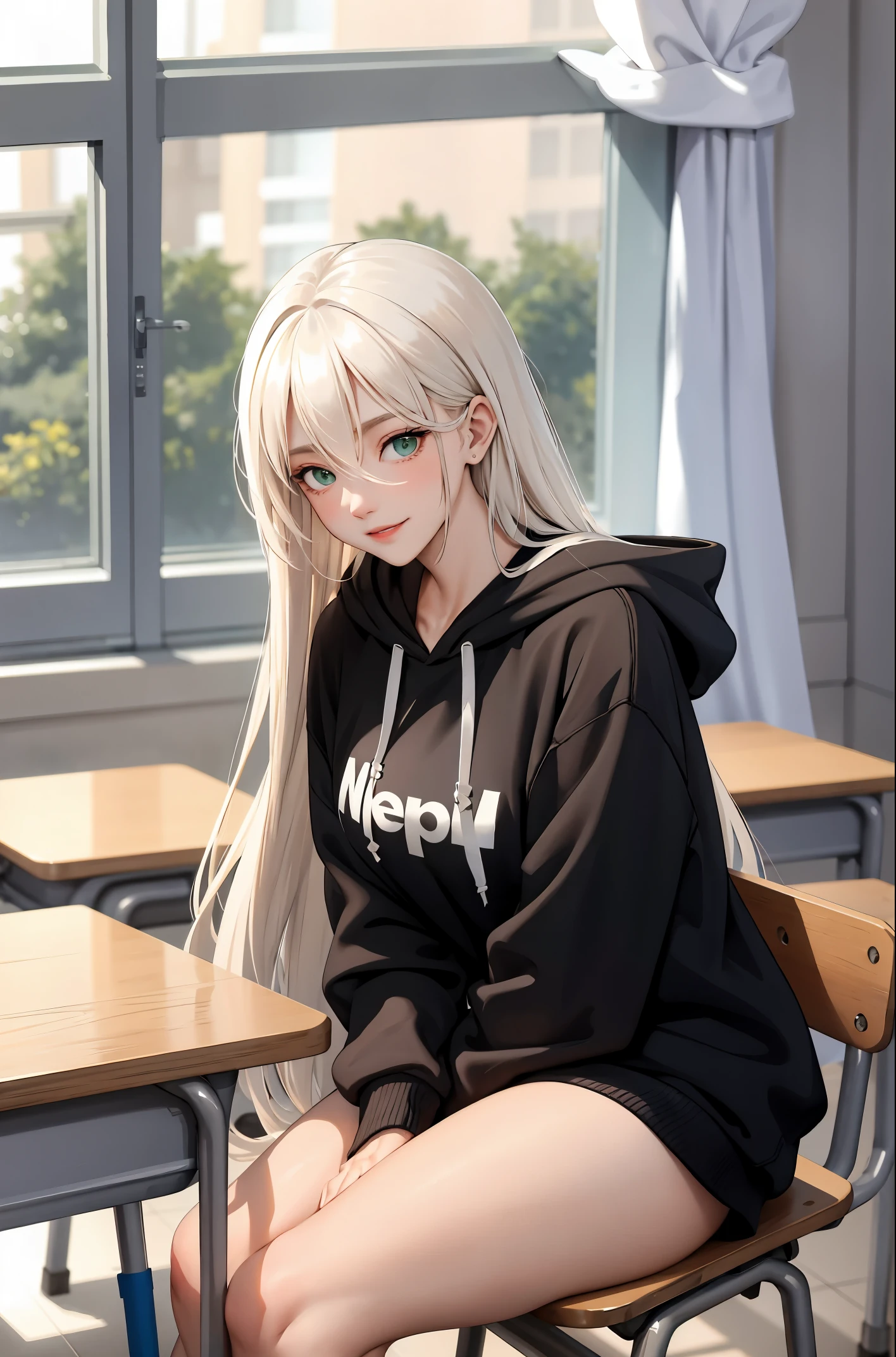 (masterpiece:1.2, best quality), (real picture, intricate details), 1lady, solo, upper body, showing legs, sitting down, school, school settings, long hair, minimal makeup, detailed face, smiling, really long light platinum blonde hair, bangs, hair between eyes, green eyes, big plump breasts, big ass, SFW, clothes, bare thighs, thighs, no pants, bare legs, oversized hoodie, hoodie, bare legs and hoodie, hoodie and bare legs, (school classroom), (school), (cute), (innocent)