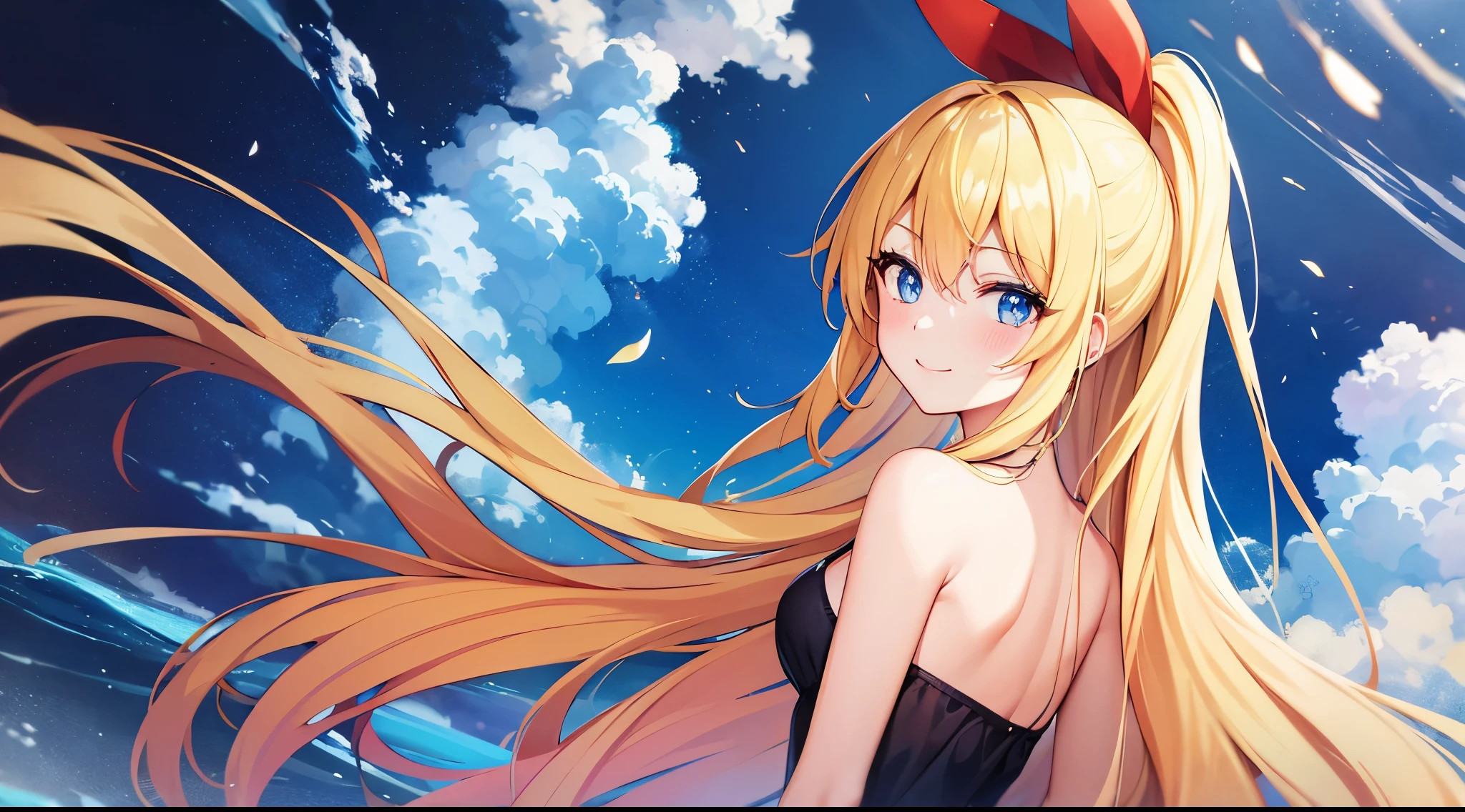 masterpiece, best quality, high quality, drawn illustration , blue and yellow inksplash effect, 1girl, solo,looking at viewer, upper body, chitoge kirisaki , long hair, blonde hair ,red ribbon , blue eyes, smile , blush