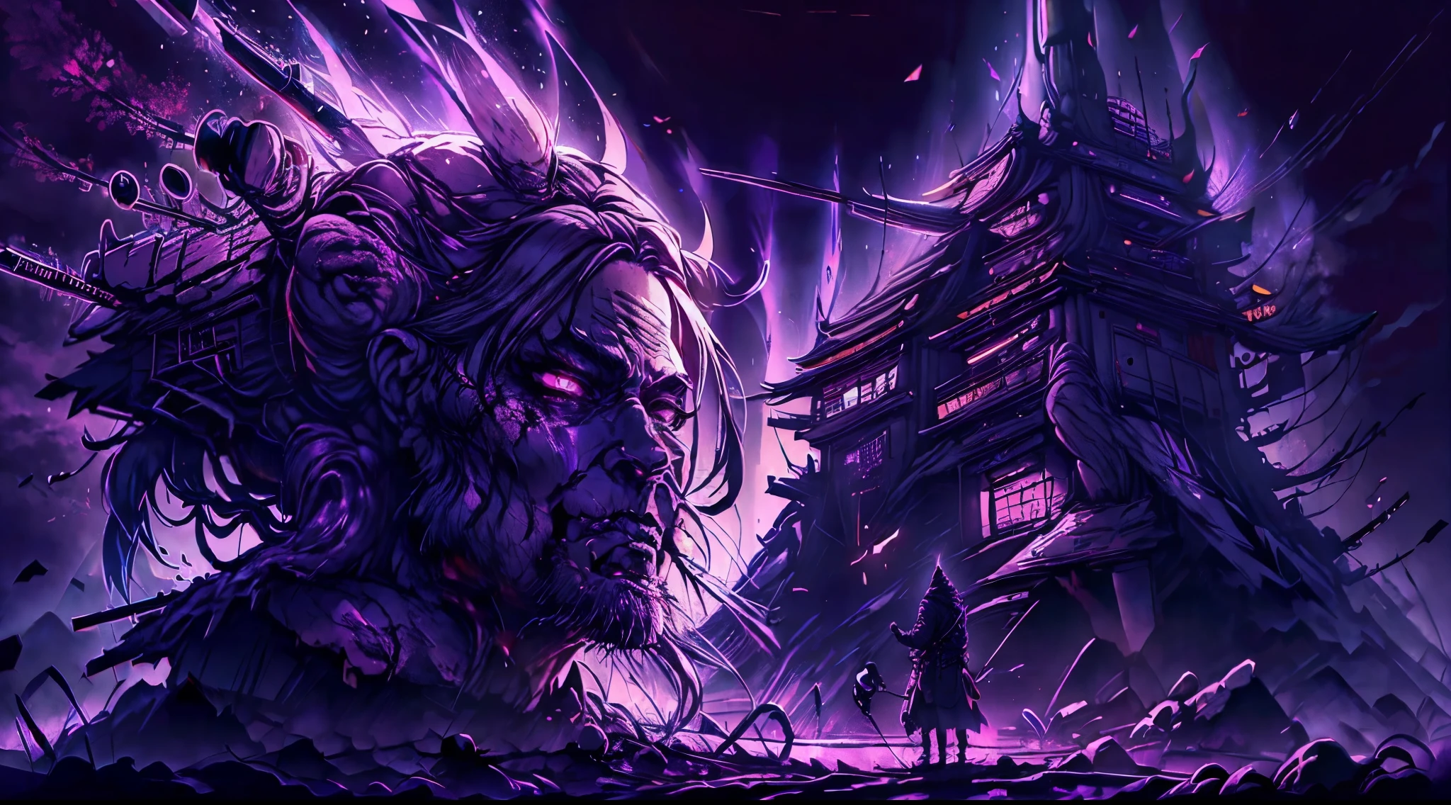 dark bloody samurai in violet atmosphere