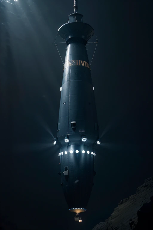 single vertical metallic bathyscaphe long vertical submarine Deepsea Challenger 3D floating by gray tissue hot air balloon, blurred dark blue environment, dark depth, low light, dense dark atmosphere,