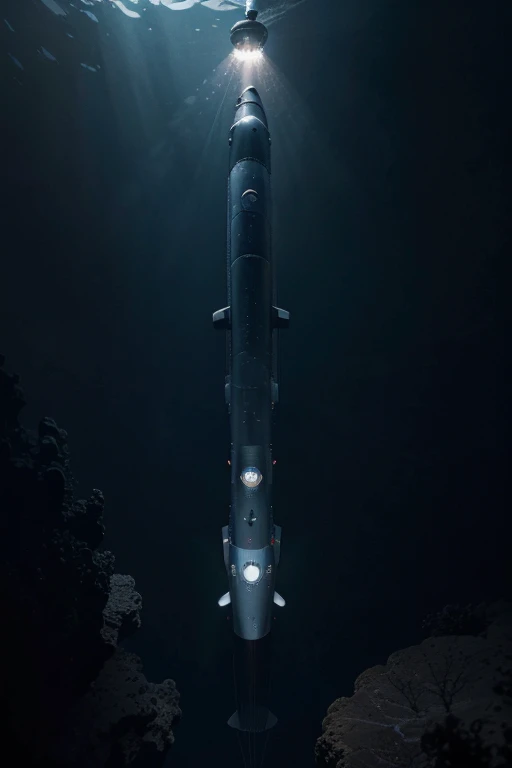 single vertical metallic bathyscaphe long vertical submarine Deepsea Challenger 3D floating by gray tissue hot air balloon, blurred dark blue environment, dark depth, low light, dense dark atmosphere,