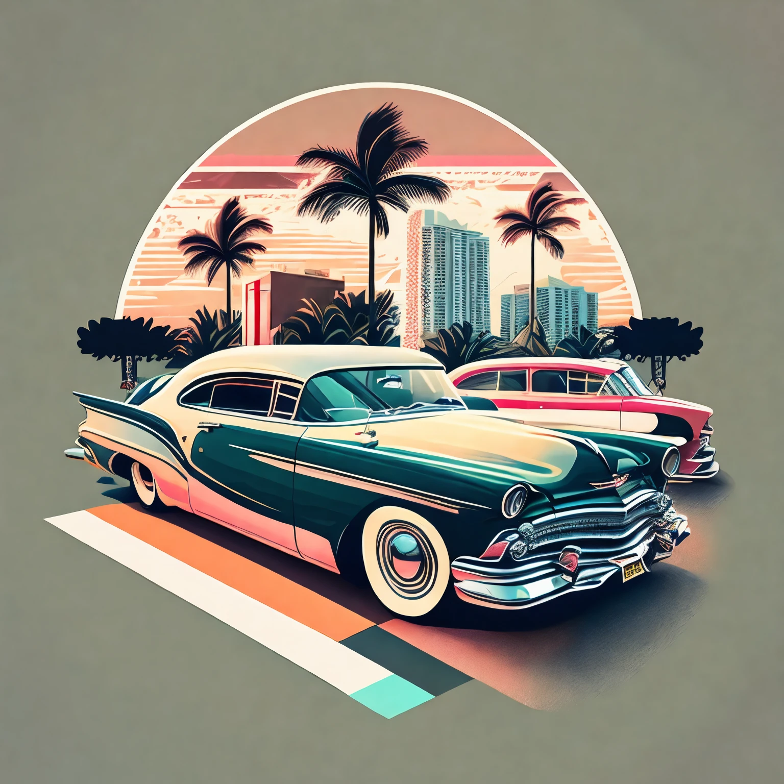 Artwork for t-shirt graphic design, a retro graphic design, vintage cars, miami street, soft four color color, vintage pastel tone, highly detailed clean, vector image, realistic masterpiece, professional photography, realistic car, car sunrise background, flat black background, isometric, vibrant vector