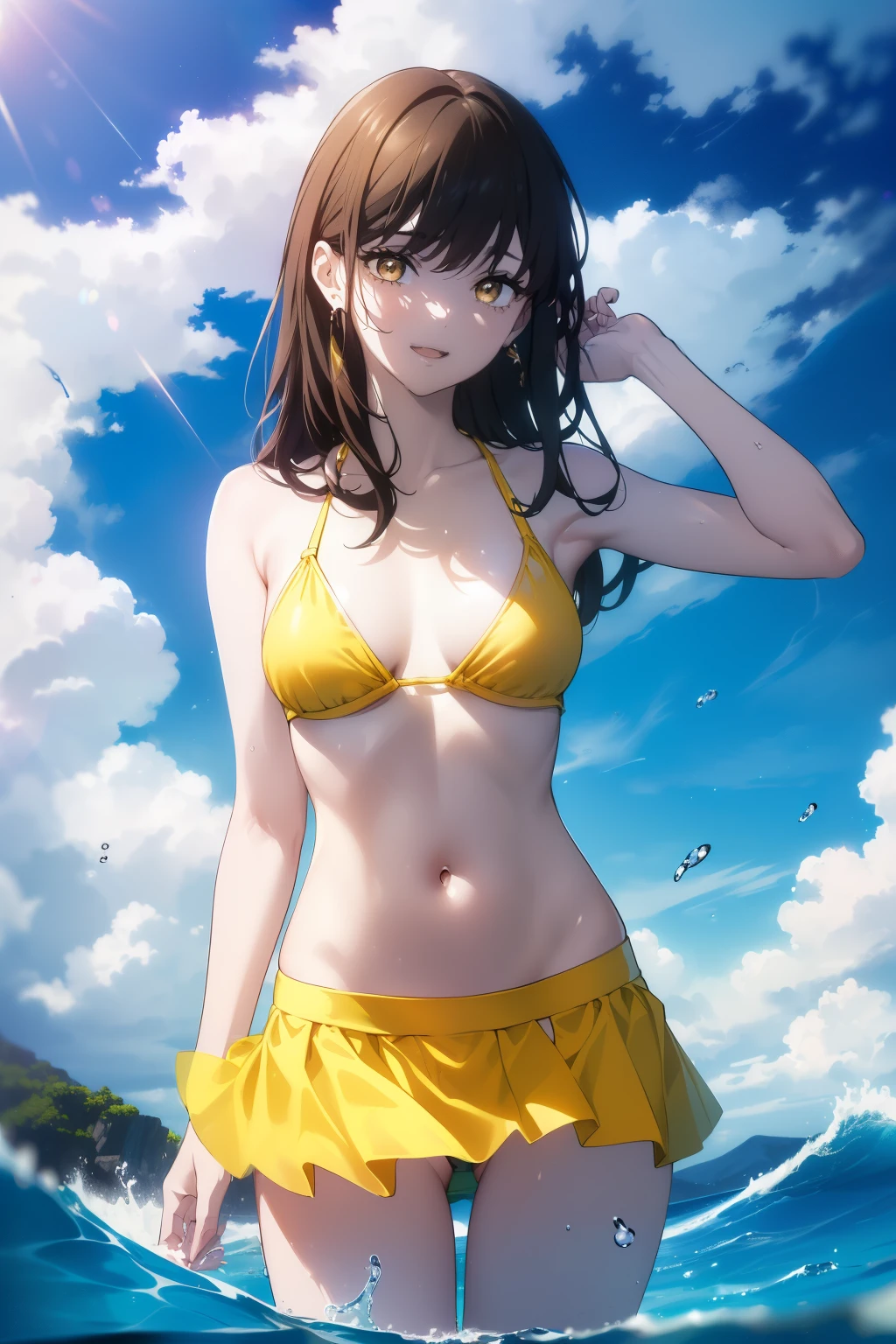 ((((Obra maestra, La mejor calidad, ultrahigh resolution)))), 1girl, standing, ((wearing a yellow bikini, yellow bikini skirt)), (long black hair in view, long hair:0.9, in frame), pale skin, ((brown eyes)), (ultra detailed eyes:0.7, beautiful and detailed face, detailed eyes:0.9), ((centered)), smile, ((wide shot)), facing viewer, (((vibrant background of outside, waves, bright lighting, summer, sunlight))), flat chested, looking at viewer, ((perfect hands)), ((head:1.2, hips, elbows, arms, in view)), ((hands behind back)), beautiful lighting, defined subject, (18 years old), ((cool looking)), ((sun glare)), ((open mouth, smile))