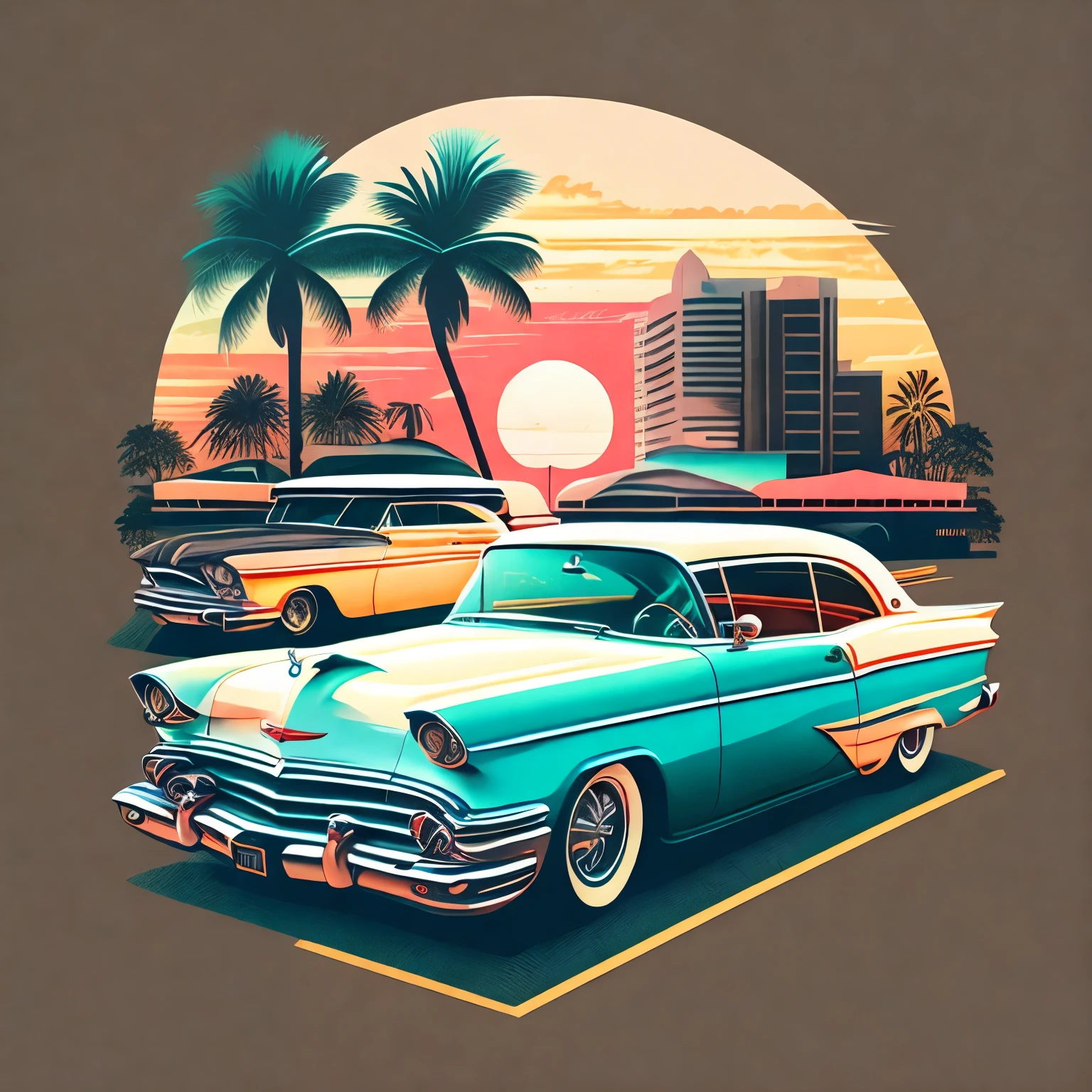 Artwork for t-shirt graphic design, a retro graphic design, vintage cars, miami street, soft four color color, vintage pastel tone, highly detailed clean, vector image, realistic masterpiece, professional photography, realistic car, car sunrise background, flat black background, isometric, vibrant vector