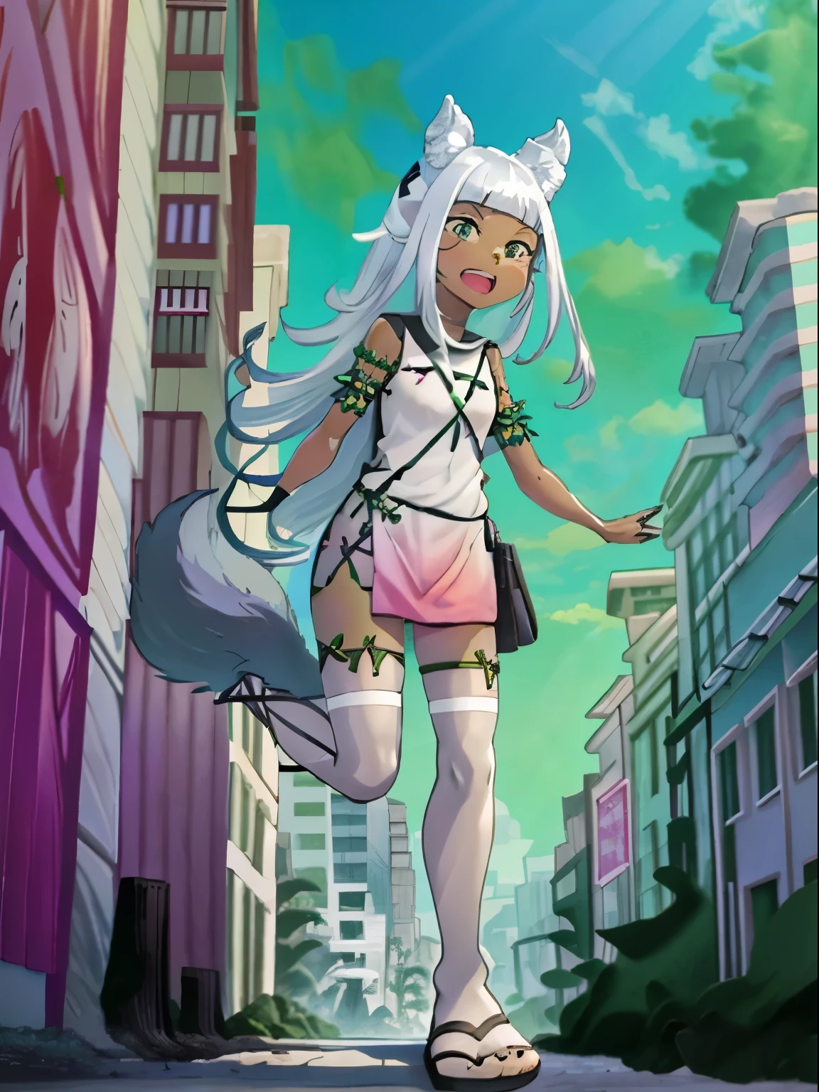 Ochette, girl, dark skin, white hair, green eyes, giantess, huge, small viewer, 70 ft tall, cute, full body, best quality, pink dress, metal bracelets, larger than buildings, flat ground, street, ground visible, black shorts, wearing shorts, adorable, kind, gentle, empty hands, small build, slim, curious, detailed mouth, size difference, standing over skyscrapers, sandals, tiny city, socks, loose clothes, perfect proportions, wolf tail
