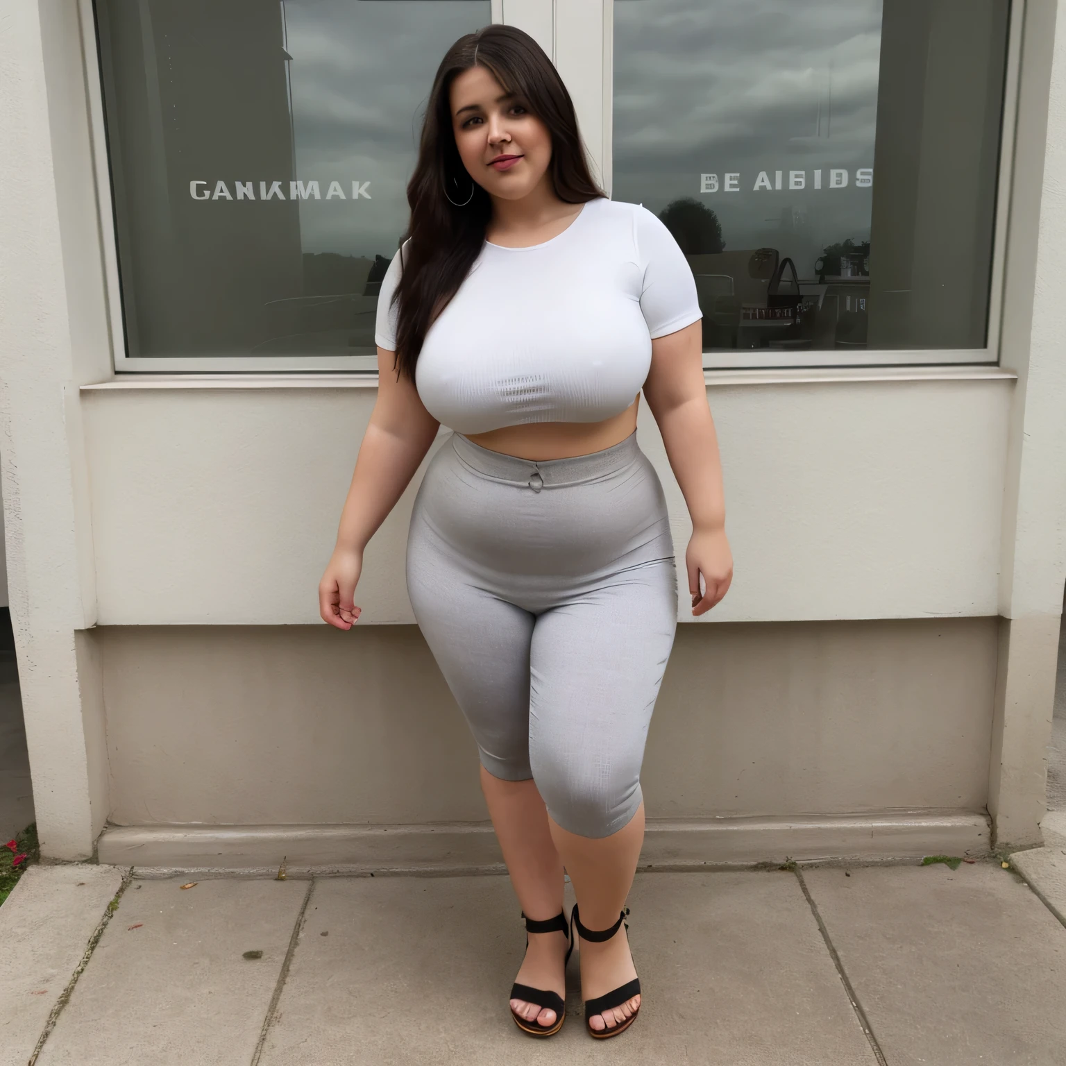 Mujer gordita, cuerpo completo, sandalias en sus pies, tetas grandes, small waist, Tight clothing.