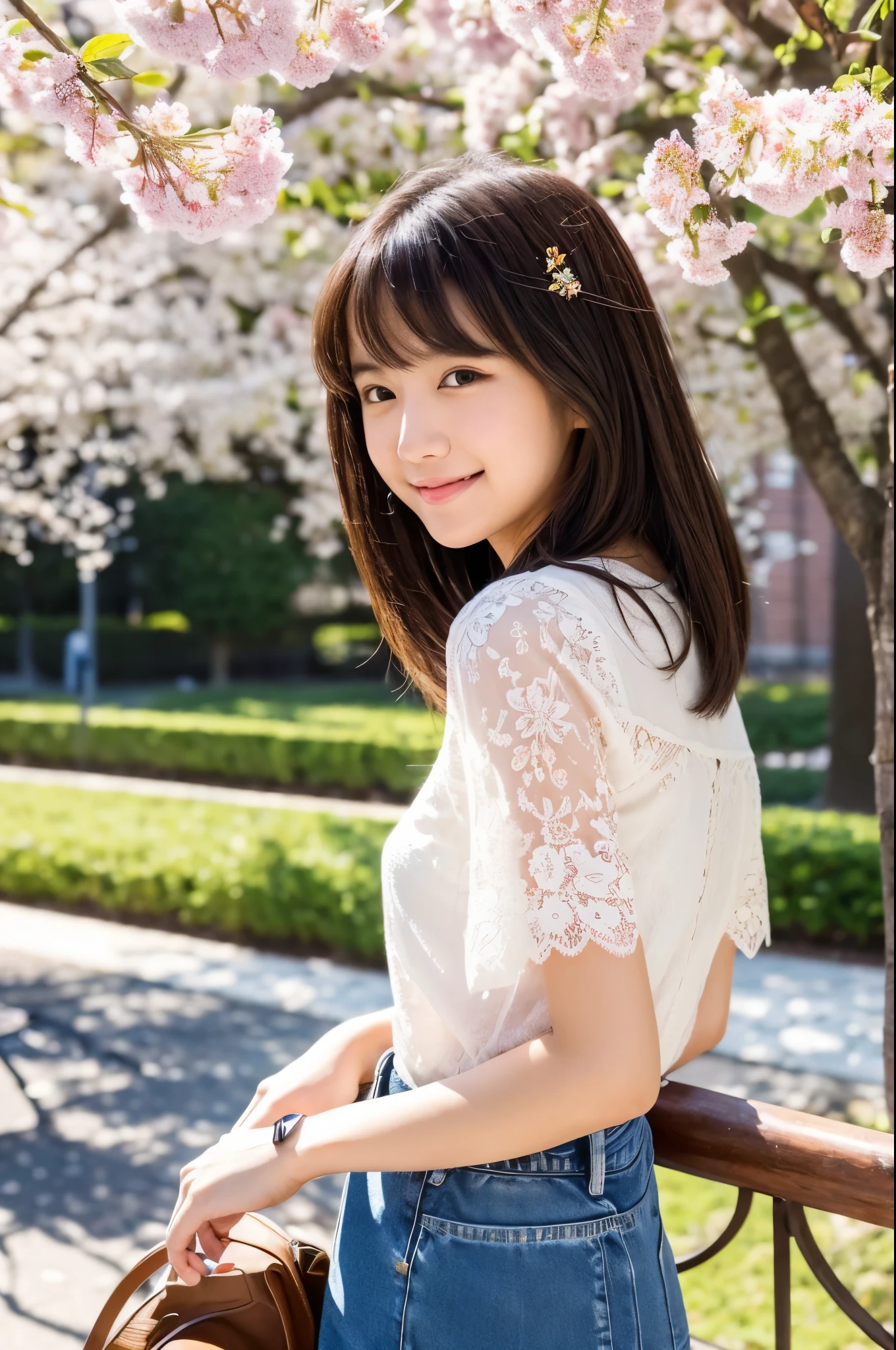 masutepiece, Best Quality, Illustration, Ultra-detailed, finely detail, hight resolution, 8K Wallpaper, Perfect dynamic composition, Beautiful detailed eyes, Natural Lip,a beauty girl、In the bright and refreshing spring sunshine、Imagine a female college student walking around campus.。.。.。She、She is wearing jeans and a white lace blouse.。the hair flutters with the wind、People around you smile々He is depicted having a conversation with.。The cherry blossoms on campus are in full bloom、Green tree on background々々々There is a bench where students can gather...。Sheカラフルなリュックサックを背負っており、he has a notebook and a pencil in his hands.。Her figure is、Expressing the image of a typical female college student enjoying learning and free time.。.。
