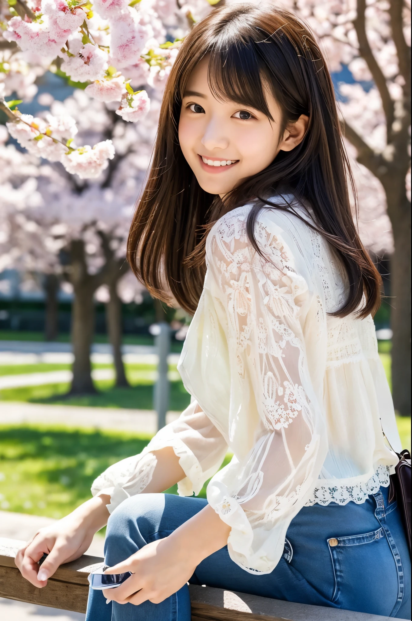 masutepiece, Best Quality, Illustration, Ultra-detailed, finely detail, hight resolution, 8K Wallpaper, Perfect dynamic composition, Beautiful detailed eyes, Natural Lip,a beauty girl、In the bright and refreshing spring sunshine、Imagine a female college student walking around campus.。.。.。She、She is wearing jeans and a white lace blouse.。the hair flutters with the wind、People around you smile々He is depicted having a conversation with.。The cherry blossoms on campus are in full bloom、Green tree on background々々々There is a bench where students can gather...。Sheカラフルなリュックサックを背負っており、he has a notebook and a pencil in his hands.。Her figure is、Expressing the image of a typical female college student enjoying learning and free time.。.。