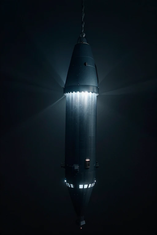 single vertical metallic bathyscaphe long vertical submarine Deepsea Challenger 3D floating by gray tissue hot air balloon, blurred dark blue environment, dark depth, low light, dense dark atmosphere; no rock, no sand, no sky, no skylight