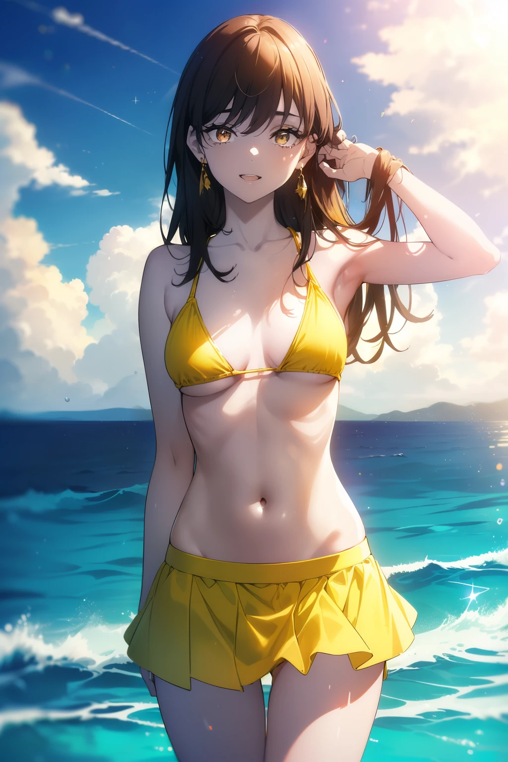 ((((Obra maestra, La mejor calidad, ultrahigh resolution)))), 1girl, standing, ((wearing a yellow bikini, yellow bikini skirt)), (long black hair in view, long hair:0.9, in frame), pale skin, ((brown eyes)), (ultra detailed eyes:0.7, beautiful and detailed face, detailed eyes:0.9), ((centered)), smile, ((wide shot)), facing viewer, (((vibrant background of outside, waves, bright lighting, summer, sunlight))), flat chested, looking at viewer, ((perfect hands)), ((head:1.2, hips, elbows, arms, in view)), ((hands behind back)), beautiful lighting, defined subject, (18 years old), ((cool looking)), ((sun glare)), ((open mouth, smile))