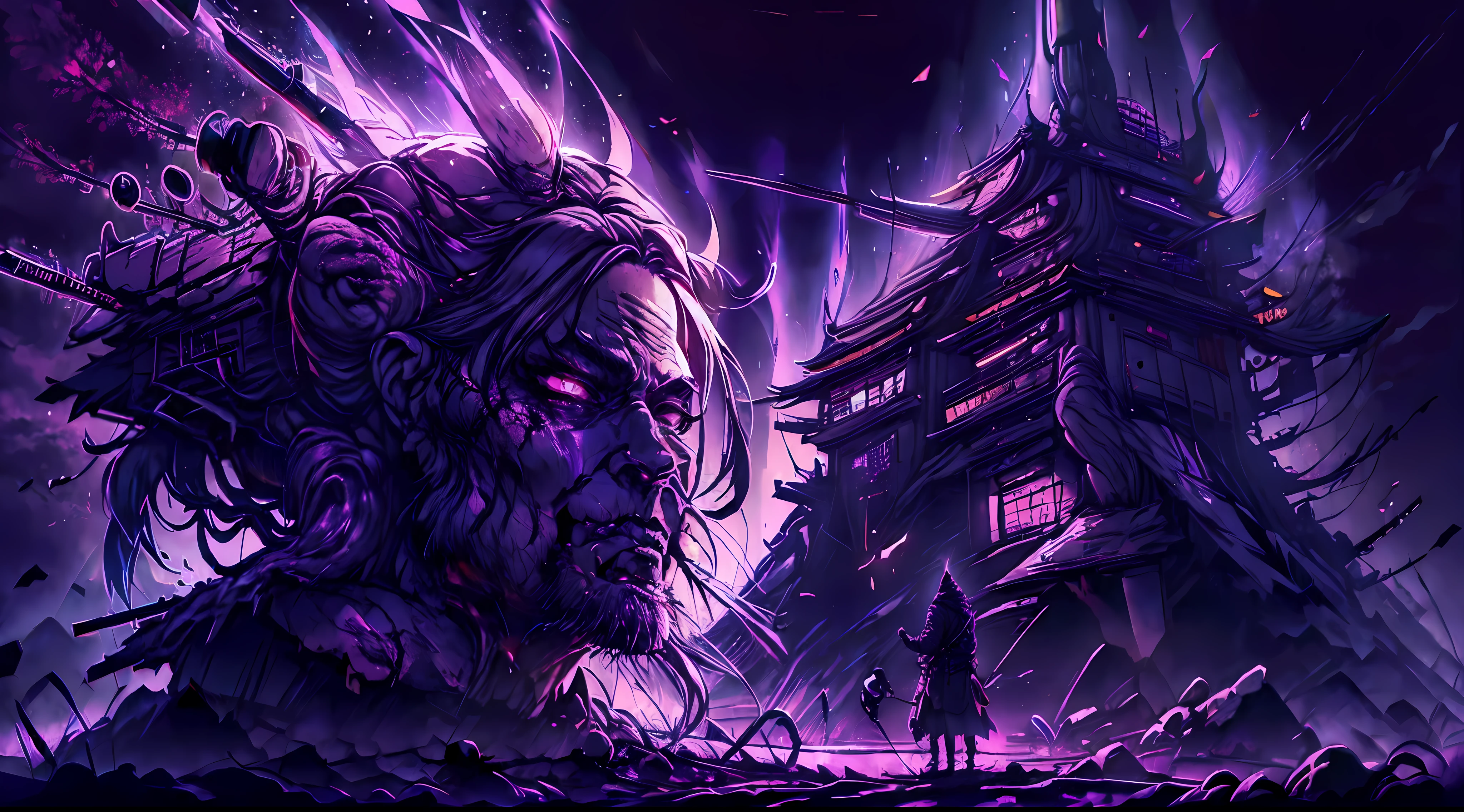 dark bloody samurai in violet atmosphere