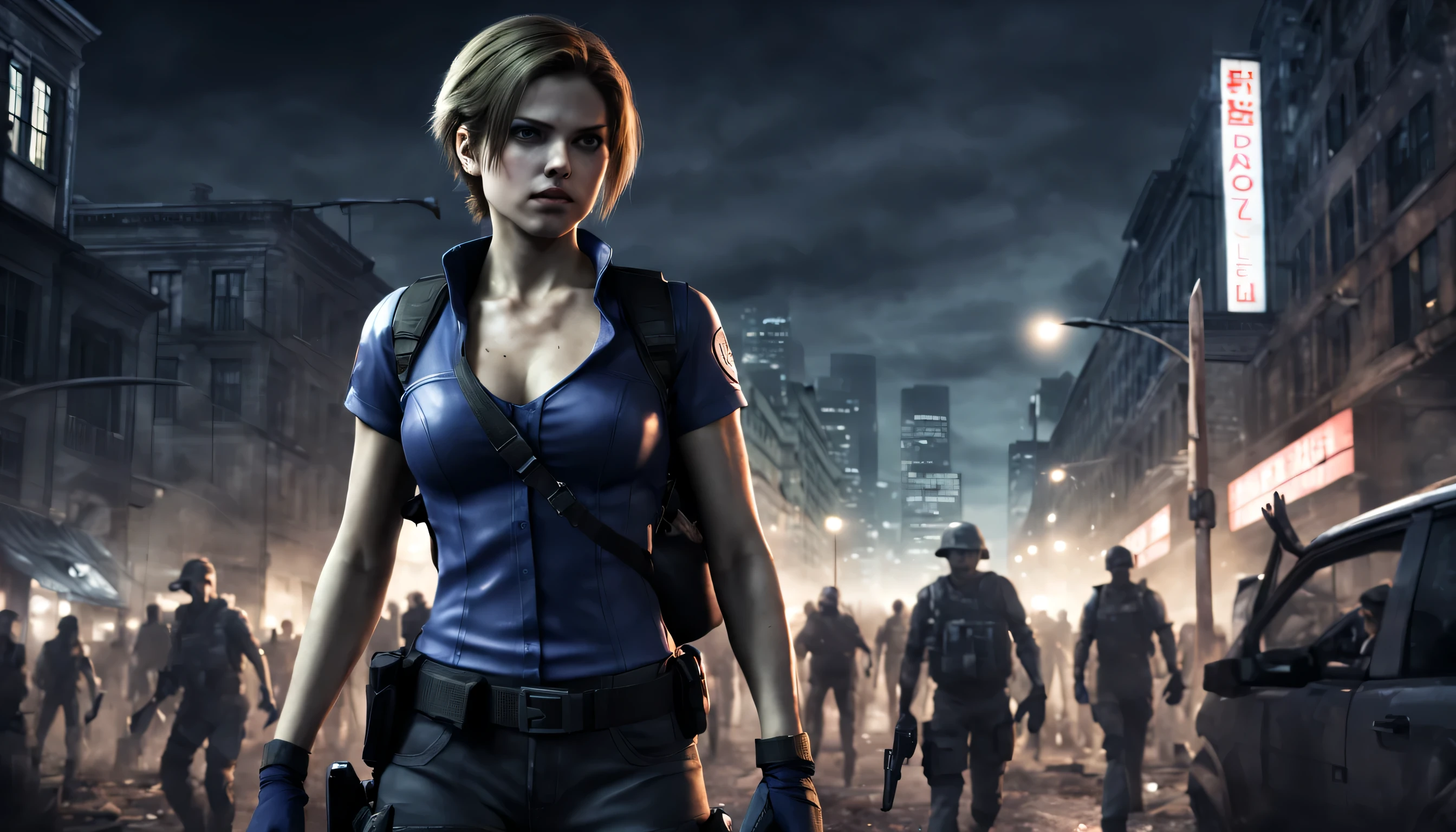 Jill Valentine from the Resident Evil series is surviving in a city full of zombies, city at night, ACTION SCENE