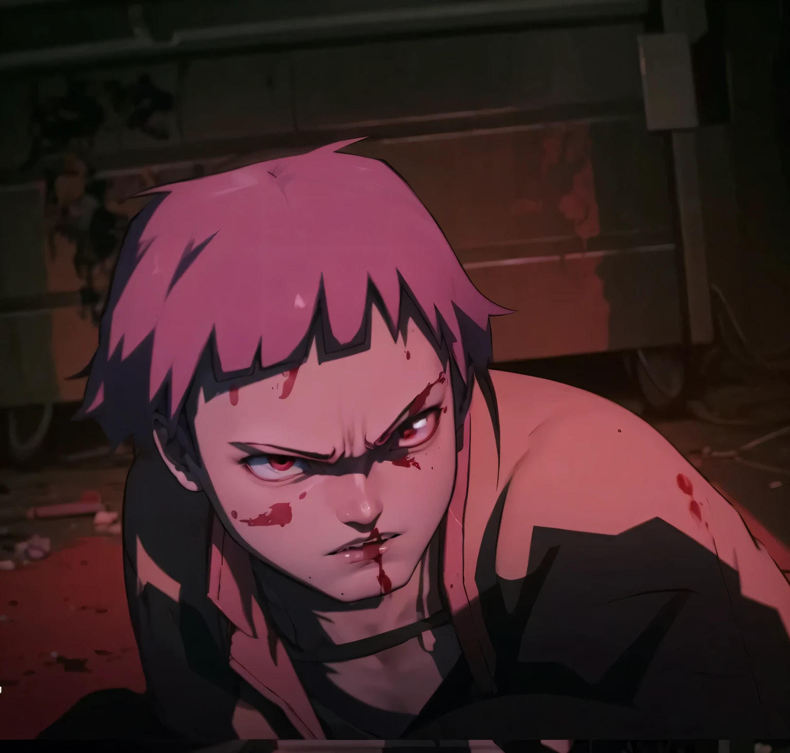 a cartoon character with pink hair and blood on his face, a screenshot by Satoshi Kon, cgsociety, auto-destructive art, anime aesthetic, anime, toonami