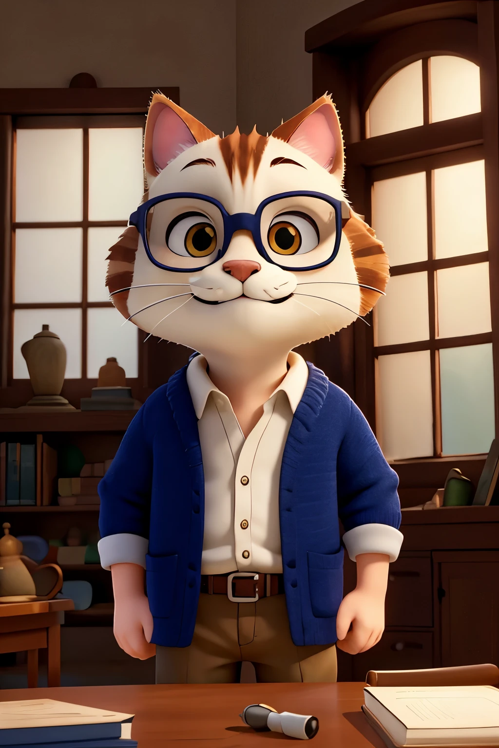 Um gato dentro de um pote redondo colorido de porcelana, where it will only show his head looking directly with prescription glasses and smiling lightly showing his teeth with a scene behind with an organized library and light coming in through the window, but don&#39;t show the window.