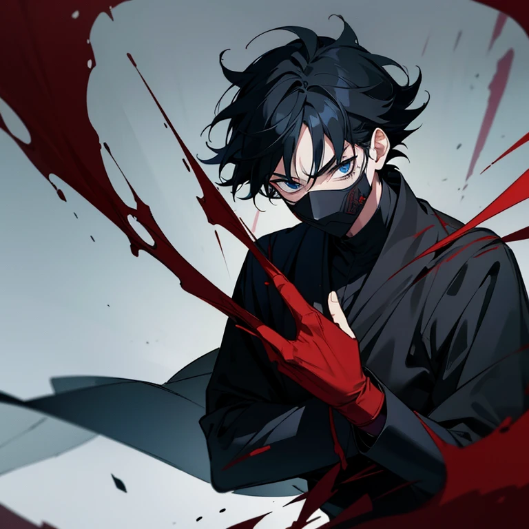 Boy, black hair red eyes, claws, blood, press