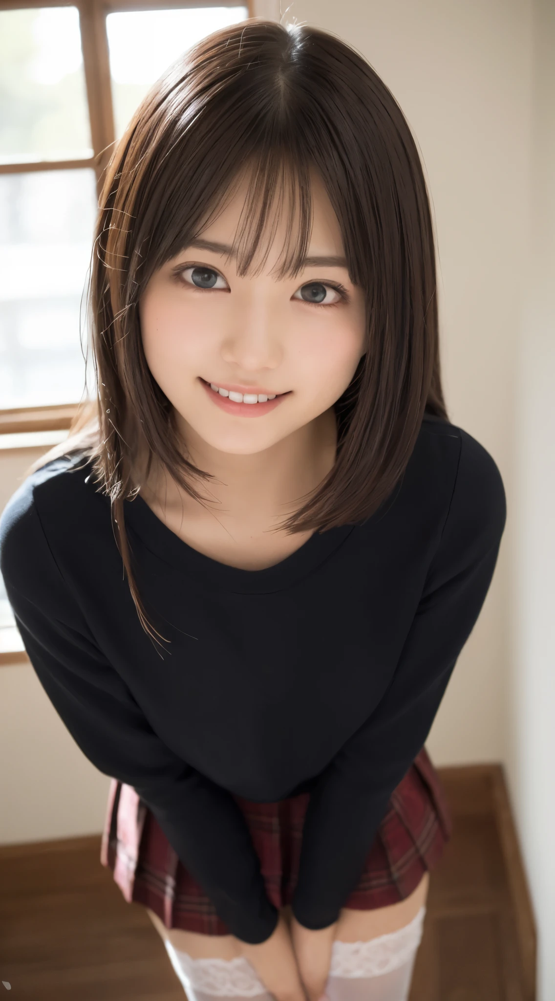 (Happy expression on face:1.26)、Raw photography、(((Ultimate Beauty Full Body Shooting)))、((glistning skin))、女の子1人、-yeld beiful girl in Prague、bright expression、((brown haired))、Girl in sweatshirt、Plaid pleated skirt、View from the floor、(Long stockings or pantyhose)、(up skirt)、Legs open、Crouch down、Counterpoint shots、((ultra-detailliert))、(Perfectly detailed face)、(Detailed hand)、(Detailed finger)、(Good human anatomy)、Photorealistic images、((masterpiece、最hightquality、ultra-detailliert、Film Light、intricate-detail、hight resolution、ighly detailed))、细致背景、8KUHD、Digital SLR、Soft light、hightquality、Film grain、FujifilmXT3 、Shallow depth of field、natural soft light、Kamimei、