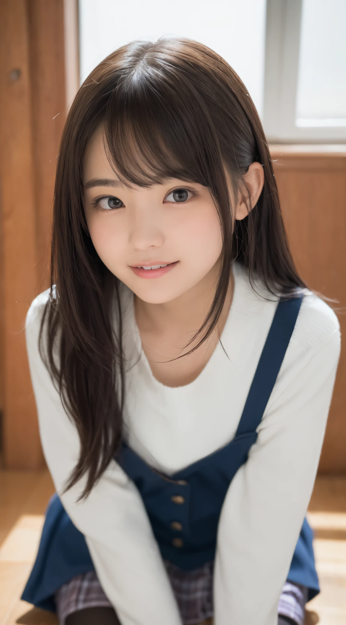 (Happy expression on face:1.26)、Raw photography、(((Ultimate Beauty Full Body Shooting)))、((glistning skin))、女の子1人、17-year-old beautiful girl in Prague、bright expression、((brown haired))、Girl in sweatshirt、Plaid pleated skirt、View from the floor、(Long stockings or pantyhose)、(up skirt)、Legs open、Crouch down、Counterpoint shots、((ultra-detailliert))、(Perfectly detailed face)、(Detailed hand)、(Detailed finger)、(Good human anatomy)、Photorealistic images、((masterpiece、最hightquality、ultra-detailliert、Film Light、intricate-detail、hight resolution、ighly detailed))、细致背景、8KUHD、Digital SLR、Soft light、hightquality、Film grain、FujifilmXT3 、Shallow depth of field、natural soft light、Kamimei、