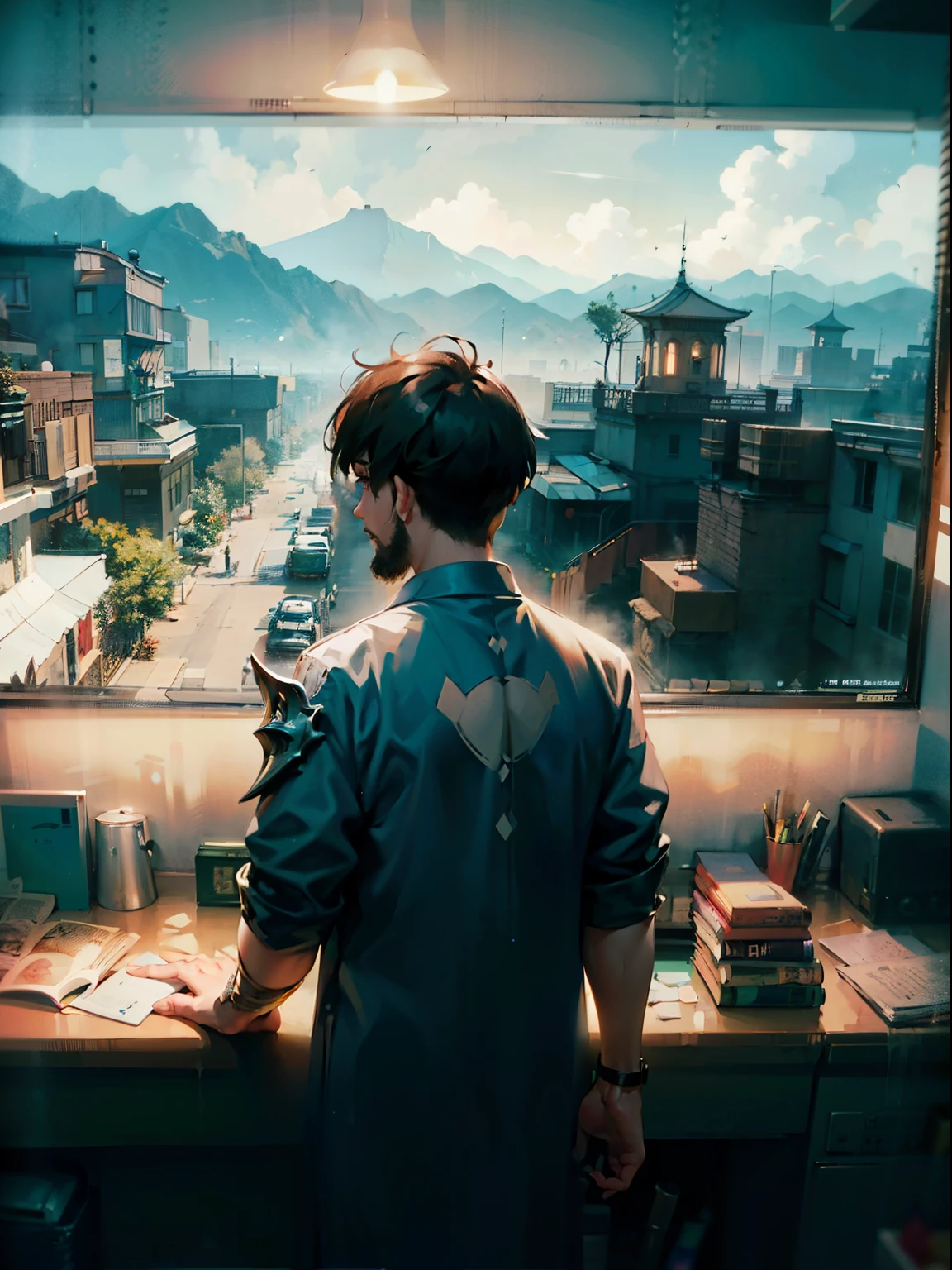 anime man with a cell phone in his hand, stunning sci-fi concept art, aeon flux, anime poster film still portrait, inspired by Wang Wu, visual novel sprite, long goatee beard, shot on anamorphic lenses, marvelous designer, 8 khd, d cg, ; visual novel, james yang, website banner