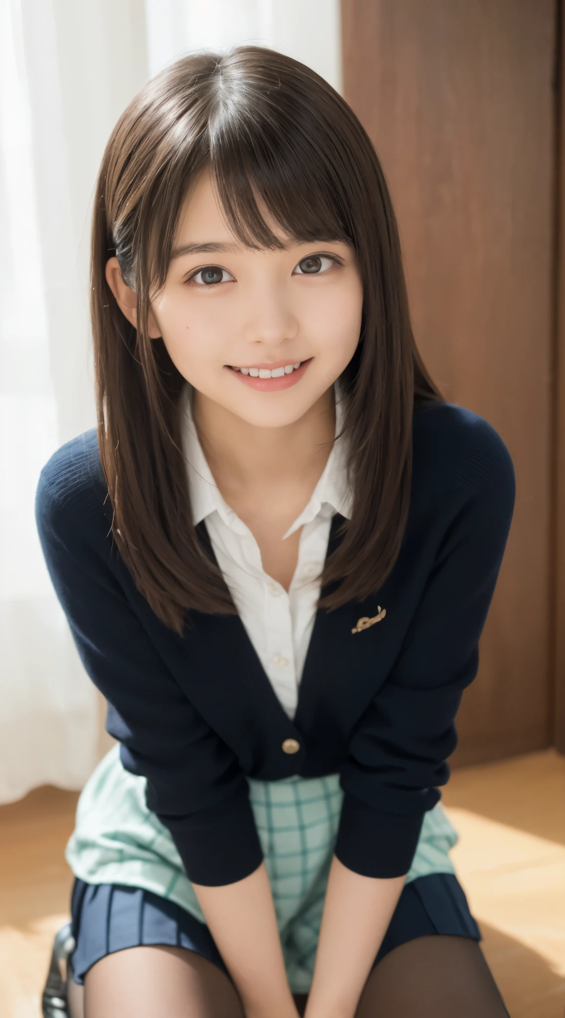(Happy expression on face:1.26)、Raw photography、(((Ultimate Beauty Full Body Shooting)))、((glistning skin))、女の子1人、17-year-old beautiful girl in Prague、bright expression、((brown haired))、Girl in sweatshirt、Plaid pleated skirt、View from the floor、(Long stockings or pantyhose)、(up skirt)、Legs open、Crouch down、Counterpoint shots、((ultra-detailliert))、(Perfectly detailed face)、(Detailed hand)、(Detailed finger)、(Good human anatomy)、Photorealistic images、((masterpiece、最hightquality、ultra-detailliert、Film Light、intricate-detail、hight resolution、ighly detailed))、细致背景、8KUHD、Digital SLR、Soft light、hightquality、Film grain、FujifilmXT3 、Shallow depth of field、natural soft light、Kamimei、