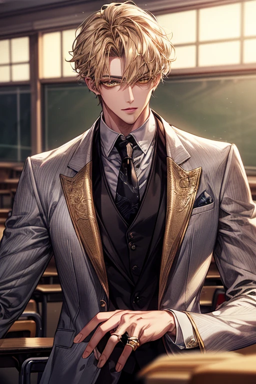 ((masterpiece:1.2、top-quality))、1male people、short straight dark yellow hair、Yellow eyes(a handsome:1.4)、(long golden eyelashes)、Classroom、extra detailed face、Depiction in motion、Ring piercing in only one ear、Face Focus, , Suit, The jacket is a gray jacket, White shirt, Black tie、