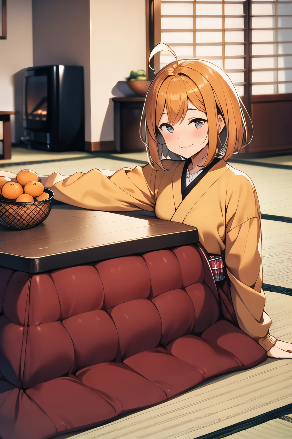 masutepiece, Super Detail, Best Quality, A lovely child, Sweaters, sit at the kotatsu, Ahoge, Smile, Calm, Cosy, traditional Japanese room, oranges on the table