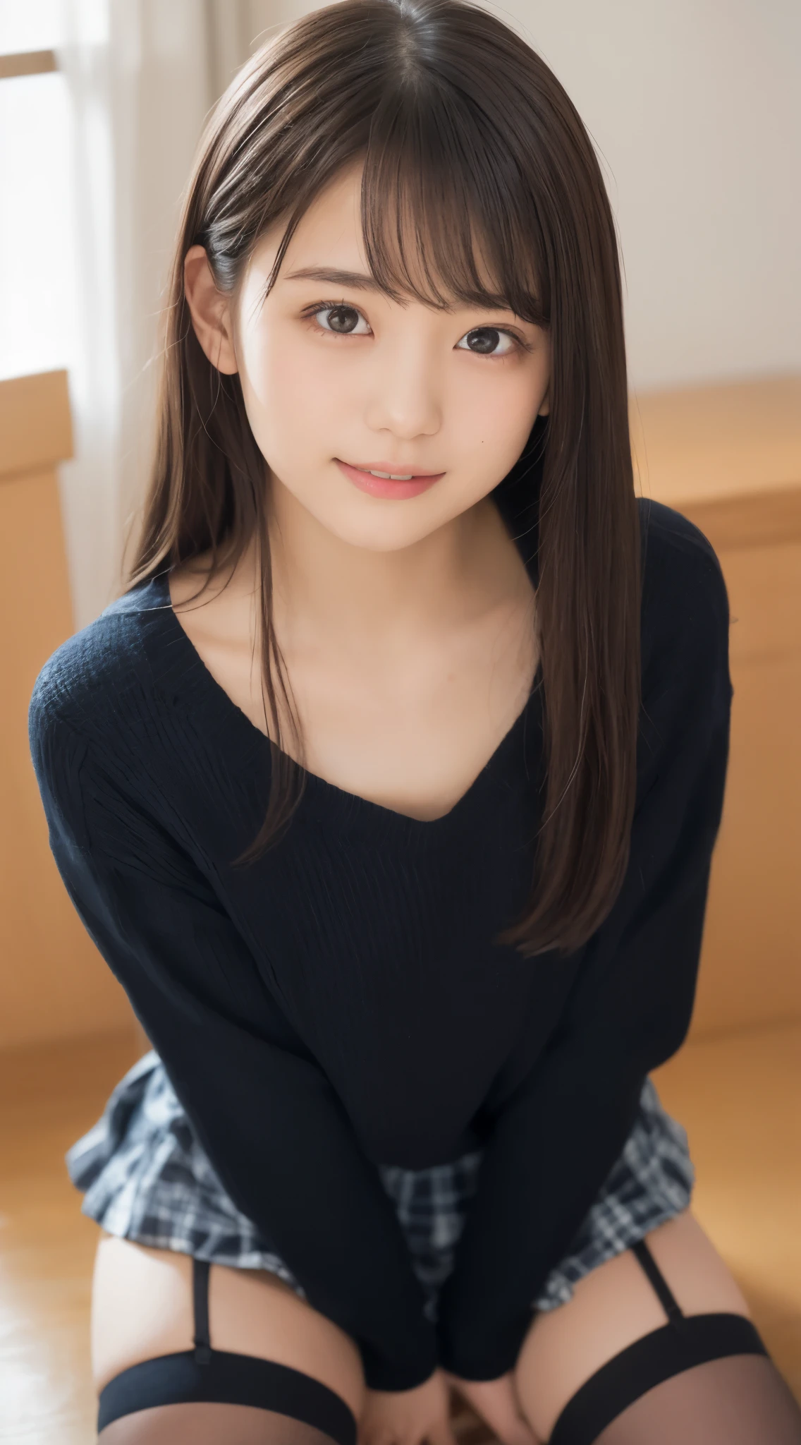 (Happy expression on face:1.26)、Raw photography、(((Ultimate Beauty Full Body Shooting)))、((glistning skin))、1人、17-year-old beautiful girl in Prague、bright expression、((brown haired))、Girl in sweatshirt、Plaid pleated skirt、View from the floor、(Long stockings or pantyhose)、(up skirt)、Legs open、Crouch down、Counterpoint shots、((ultra-detailliert))、(Perfectly detailed face)、(Detailed hand)、(Detailed finger)、(Good human anatomy)、Photorealistic images、((masterpiece、最hightquality、ultra-detailliert、Film Light、intricate-detail、hight resolution、ighly detailed))、细致背景、8KUHD、Digital SLR、Soft light、hightquality、Film grain、FujifilmXT3 、Shallow depth of field、natural soft light、Kamimei、