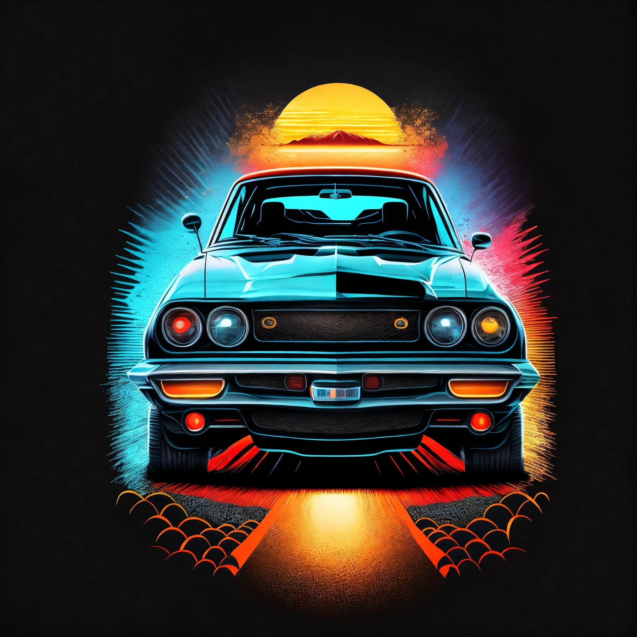 Artwork for t-shirt graphic design,  modren cars, highly detailed clean, vector image,  masterpiece, professional photography, realistic car,  car sunrise background, flat black background, , vibrant vector