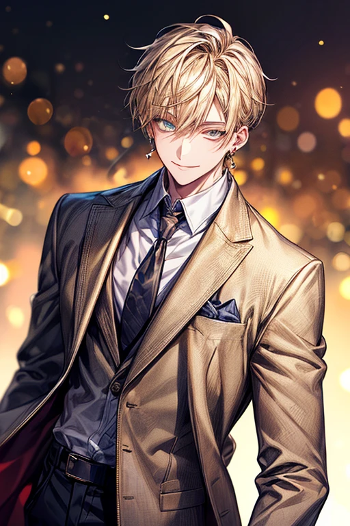 masutepiece, Best Quality, High quality, 1boy, Face Focus, , Suit, The jacket is a gray jacket, White shirt, tie, Pants,one ear only, One earring, earrings, Best Quality, Face Detail, Detail Background, Background bokeh、a blond、((Golden Eyes))、A smile