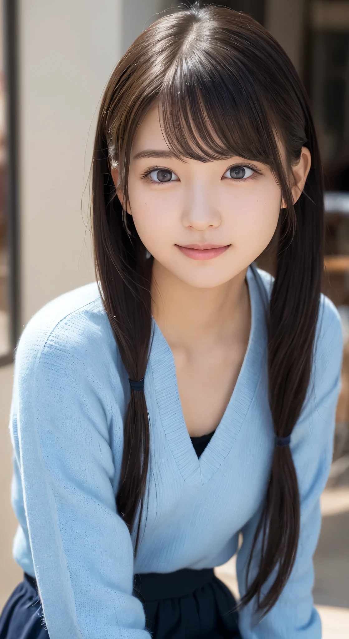 NFSW、masutepiece、masterpiece、1 girl in、(close up of face、cowboy shot)、Straight front view、japanes、very young cute woman、(The cutest girl in the world)、15yo student、Smaller face、large full breasts、autumn knit jacket、Sheer inner、Chiffon skirt、Ultra-detailed costumes、Smiling in a café、Scrunchie、Thin necklace、Glamorous figure、hyper cute face、shiny lip、Double eyelids in both eyes、 natural make up、long eyeslashes、shiny smooth light brown hair、bangss、Short twin tail hair、非対称なbangss、image in center、8K分辨率、high détails、Detailed hairstyles、A detailed face、spectacular movie lighting、octane renderings、with a vibrant、Ultra-realistic、Perfect limbs、perfect anatomia