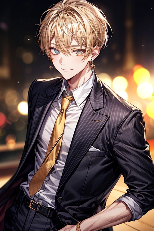 masutepiece, Best Quality, High quality, 1boy, Face Focus, , Suit, The jacket is a gray jacket, White shirt, tie, Pants,One ear only, one earring, earrings, Best Quality, Face Detail, Detail Background, Background bokeh、a blond、((Golden Eyes))、a smile