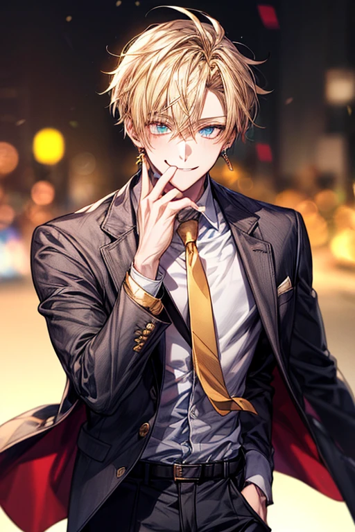 masutepiece, Best Quality, High quality, 1boy, Face Focus, , Suit, The jacket is a gray jacket, White shirt, tie, Pants,One ear only, one earring, earrings, Best Quality, Face Detail, Detail Background, Background bokeh、a blond、((Golden Eyes))、a smile