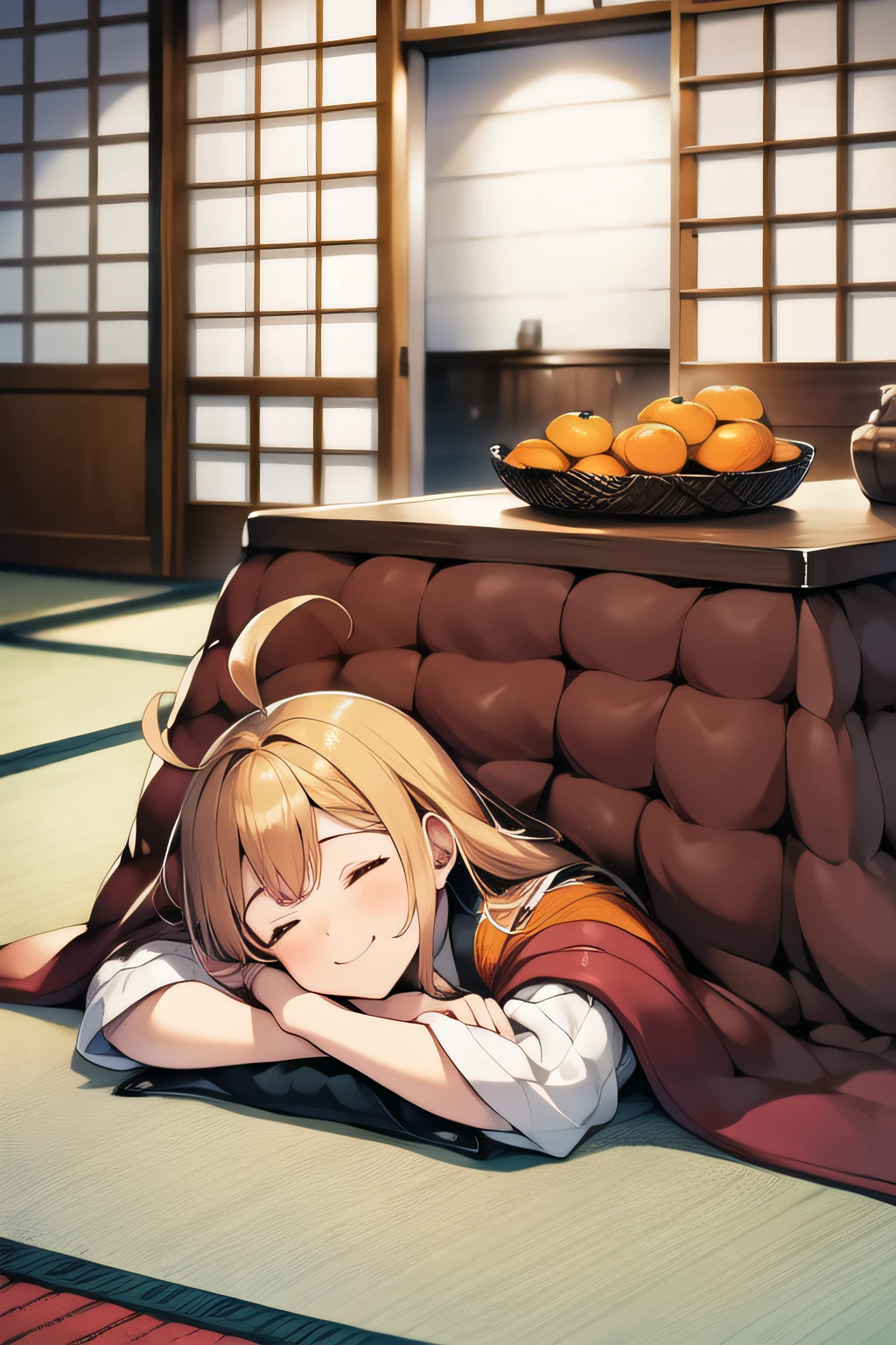 masutepiece, Super Detail, Best Quality, A lovely child, Sweaters, sit at the kotatsu, Ahoge, Smile, Calm, Cosy, traditional Japanese room, oranges on the table