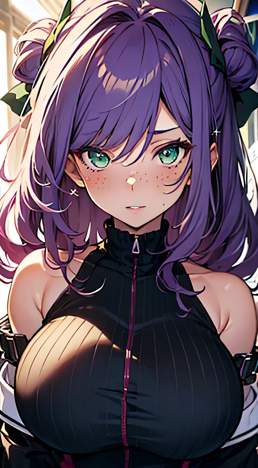 (masterpiece, highres, high resolution:1.2), anime 20 yo girl, portrait, shoulders up, illustration. drawn, violet hair woman, green eyes, blushing, shy, solo, evil smile, freckles, big lips, huge breasts, perfect body, wearing a hoodie, anime girl, no hands