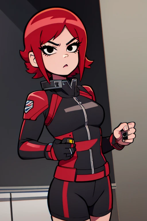 scott_pilgrim_style, yl1,1girl, 1girl, solo, Jane Shepard, FemShep, short hair, red hair, black eyes, black power armor, N7, outer space, ringed planet, (masterpiece:1.3), high quality, highres, absurdres,