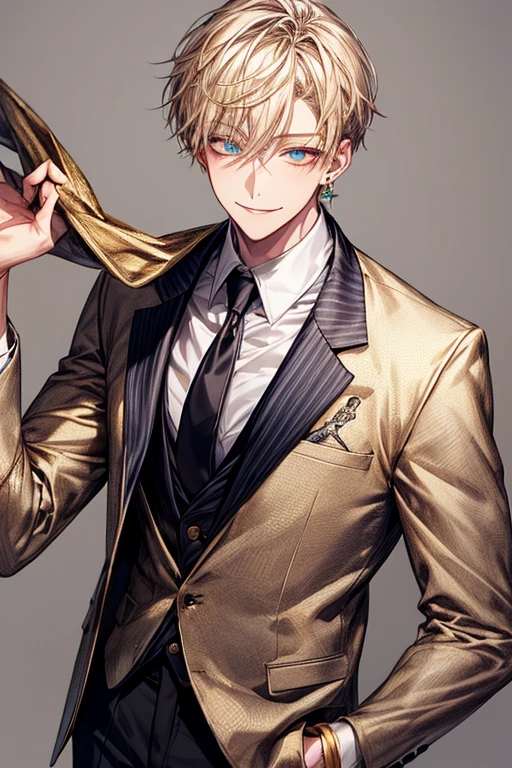 masutepiece, Best Quality, High quality, 1boy, Face Focus, , Suit、Black tie、 The jacket is a light gray jacket, White shirt, tie, Pants,One ear only, one earring, earrings, Best Quality, Face Detail, Detail Background, Background bokeh、a blond、((Golden Eyes))、a smile