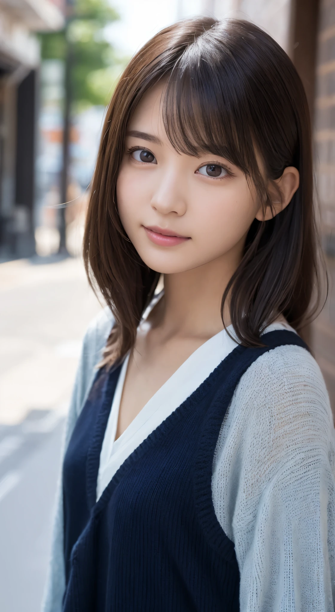 NFSW、masutepiece、masterpiece、1 girl in、(close up of face、cowboy shot)、Straight front view、japanes、very young cute woman、(The cutest girl in the world)、15yo student、Smaller face、large full breasts、autumn knit jacket、Sheer inner、Chiffon skirt、Ultra-detailed costumes、Smiling in a café、Scrunchie、Thin necklace、Glamorous figure、hyper cute face、shiny lip、Double eyelids in both eyes、 natural make up、long eyeslashes、shiny smooth light brown hair、bangss、Short twin tail hair、非対称なbangss、image in center、8K分辨率、high détails、Detailed hairstyles、A detailed face、spectacular movie lighting、octane renderings、with a vibrant、Ultra-realistic、Perfect limbs、perfect anatomia