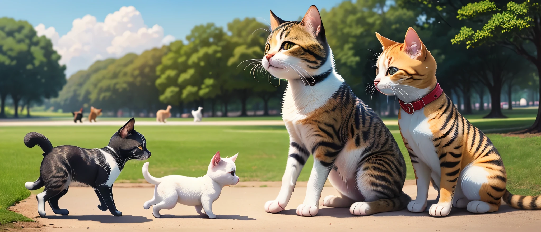 2560 × 1440 pixel photo of 2 little cats and 2 little dogs playing in a park