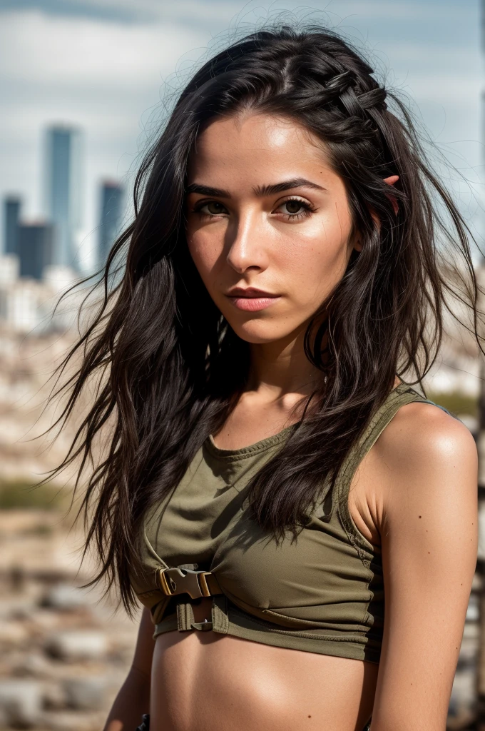 RAW photo, a close up portrait photo of 30 y.o woman in wastelander clothes,  long haircut, pale skin, slim body, background is city ruins, (high detailed skin:1.2), 8k uhd, dslr, soft lighting, high quality, film grain, Fujifilm XT3,
 shazglow