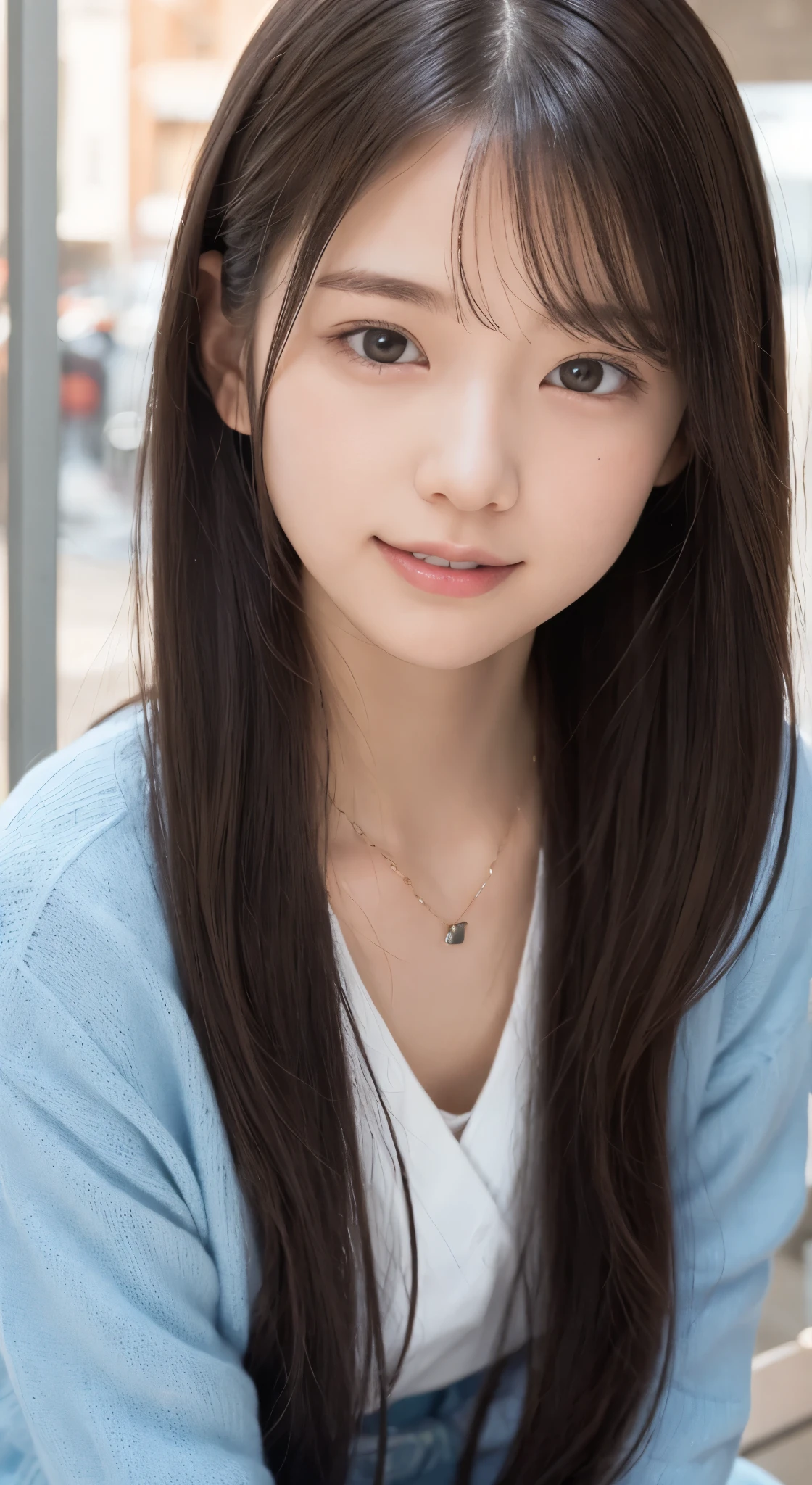 NFSW、masutepiece、masterpiece、1 girl in、(close up of face、cowboy shot)、Straight front view、japanes、very young cute woman、(The cutest girl in the world)、15yo student、Smaller face、large full breasts、autumn knit jacket、Sheer inner、Chiffon skirt、Ultra-detailed costumes、Smiling in a café、Scrunchie、Thin necklace、Glamorous figure、hyper cute face、shiny lip、Double eyelids in both eyes、 natural make up、long eyeslashes、shiny smooth light brown hair、bangss、Short twin tail hair、非対称なbangss、image in center、8K分辨率、high détails、Detailed hairstyles、A detailed face、spectacular movie lighting、octane renderings、with a vibrant、Ultra-realistic、Perfect limbs、perfect anatomia