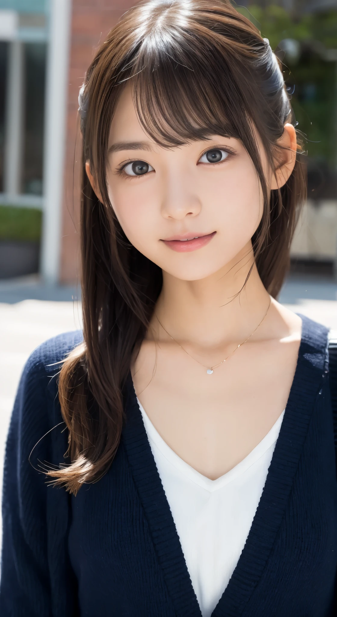 NFSW、masutepiece、masterpiece、1 girl in、(close up of face、cowboy shot)、Straight front view、japanes、very young cute woman、(The cutest girl in the world)、 student、Smaller face、large full breasts、autumn knit jacket、Sheer inner、Chiffon skirt、Ultra-detailed costumes、Smiling in a café、Scrunchie、Thin necklace、Glamorous figure、hyper cute face、shiny lip、Double eyelids in both eyes、 natural make up、long eyeslashes、shiny smooth light brown hair、bangss、Short twin tail hair、非対称なbangss、image in center、8K分辨率、high détails、Detailed hairstyles、A detailed face、spectacular movie lighting、octane renderings、with a vibrant、Ultra-realistic、Perfect limbs、perfect anatomia